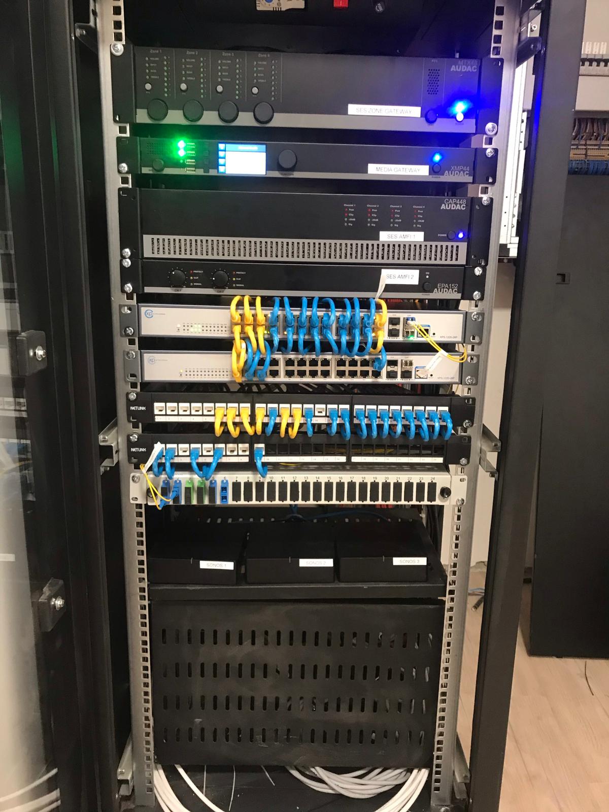 AUDAC audio rack with zone gateway and amplifiers